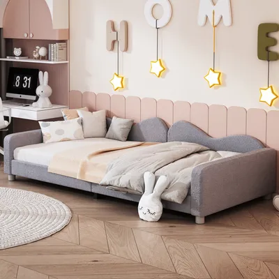 Produktbild von Merax Čalúnená posteľ 90x200 cm s lamelovým roštom, operadlom a podrúčkami, Teddy Velvet Detská posteľ na spanie Jednolôžková posteľ pre mladých, sivá