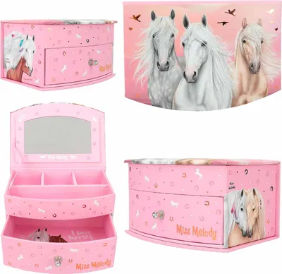 Produktbild von Depesche 12404 Miss Melody Sundown - Kleines Schmuckkästchen in Rosa mit Pferde-Motiv, Schmuckbox mit Spiegel und Klappdeckel