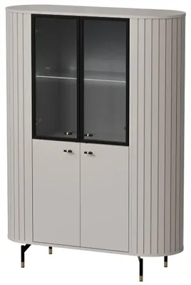 Image de Vitrine Zama en verre, 112 x 40 x 155 cm, 4 portes, finition au choix, couleur cachemire, avec éclairage