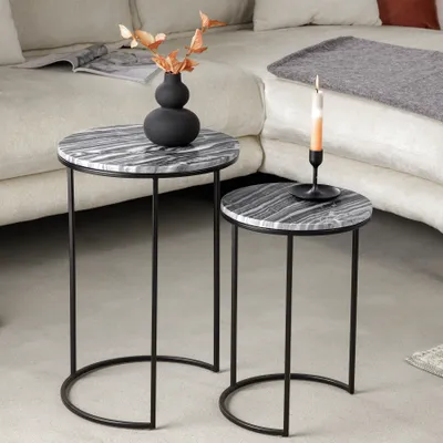 Produktbild von riess-ambiente Design Beistelltisch 2er Set ELEMENTS 40cm grau Marmor schwarzes Gestell rund Couchtisch Tisch