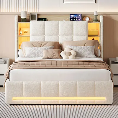 Productafbeelding van Boxspringbed 140x200 cm met hydraulische bedbodem, opbergruimte, hoofdeinde met opbergruimte, LED-verlichting, USB-aansluitingen, bed voor jongeren, tweepersoonsbed, teddy stof, beige kleur, lattenbodem, zonder matras