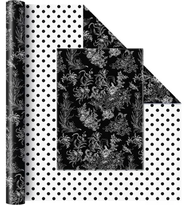 Productafbeelding van Cadeaupapier met bloemenprint, 1 rol, 43 cm x 10 m, zwart, bloemenmotief, voor volwassenen