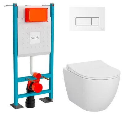 Image de VitrA Pack WC Mia suspendu cuvette carénée fixations invisibles + bati support autoportant + plaque blanche