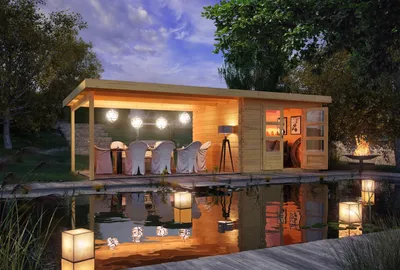 Produktbild von Gartenhaus Blockbohlenhaus Gerätehaus Bastrup 5 im Set mit Anbaudach 4 m breit naturbelassen 679x297x220 cm
