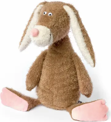 A plush toy rabbit sitting on a white background.
