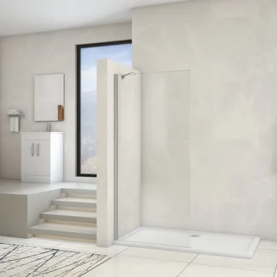 A modern bathroom with a walk-in shower, vanity, and window.