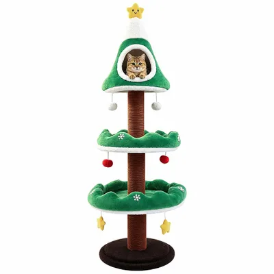 Produktbild von Weihnachts-Kratzbaum 140 cm mit runder Liegemulde & Katzenhaus Kletterbaum mehrstöckig Kuschelhöhle Sisal-Kratzstamm rundes Design