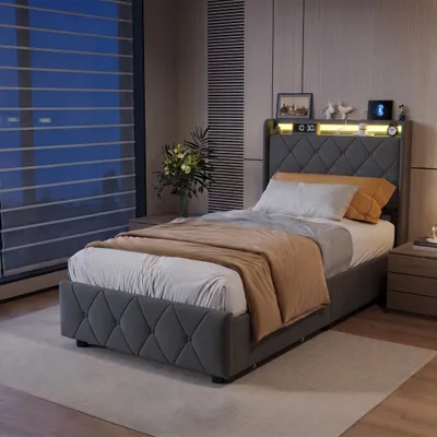 Produktbild von INONEFT Polsterbett 90x200 cm mit LED & USB-C, 2 Schubladen, Kopfteil-Stauraum, Samt Grau, Jugendbett Einzelbett inkl, Lattenrost