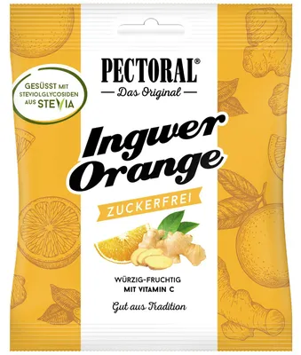 Immagine prodotto di PECTORAL Caramelle all'arancia e zenzero senza zucchero, 60 g di caramelle