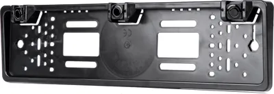 The back of a black universal license plate holder with mounting holes and clips.