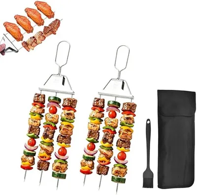 Produktbild von Wiederverwendbare Grillspieße 3-Zinken BBQ Spieße mit Tasche, ideal für Camping, Gartenparty & Familien Grillabende