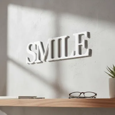 Obrázok produktu pre Mucola dekoratívny nápis SMILE v bielej farbe MDF drevený nápis závesný drevený nápis nástenná dekorácia drevené písmená monogram stolová dekorácia 3D dekorácia nápisové písmená