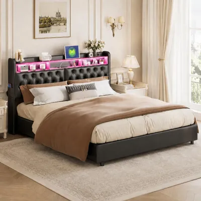 Obrázok produktu pre INONEFT čalúnená posteľ 180x200 cm s LED osvetlením, USB portami a zásuvkami, posteľ s úložným priestorom v čelnej časti, dvojlôžko s roštom a zásuvkou, čierna farba (PU)