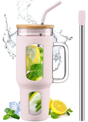 Obrázok produktu pre Sklenený pohár 1400 ml, s vrchnákom a slamkou, uško, ružová, pre ľadovú kávu