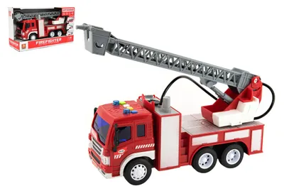 Produktbild von Feuerwehrauto mit Wassersprühfunktion, 30 cm, Kunststoff, mit Schwungrad und Batteriebetrieb, mit Sound und Licht, in einer Verpackung von 32 x 18 x 12 cm