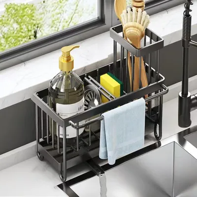 Produktbild von Schwammhalter für Spüle, multifunktionaler Küchenorganizer mit Bürstenhalter und Abtropfschale aus 304 Edelstahl, schwarz – hält die Spüle ordentlich und trocken