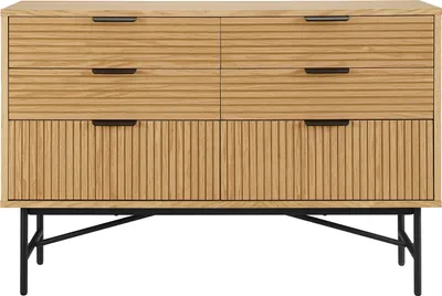 Produktbild von SalesFever Kommode breit | mit 6 Schubladen | MDF Eiche Echtholzfurnier | Gestell Metall | B 120 x T 40 x H 80 cm | natur – schwarz