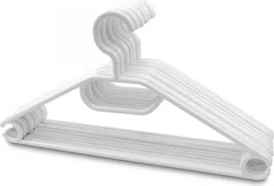 A stack of white plastic clothes hangers against a white background.