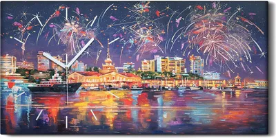Produktbild von Wohnzimmer-Bild Leinwand Uhr Geräuschlos Kunstdruck 60x30 Stadt Wasser Feuerwerk - weiße Hände