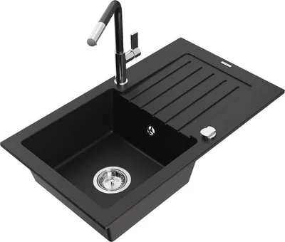 Produktbild von Mexen Pablo 1 Becken-Granitspüle mit Abtropffläche und Mischbatterie Flora, Schwarz - 6510-77-670401-07