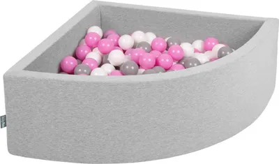 Zdjęcie produktu dla KiddyMoon suchy basen trójkątny z piłeczkami 7cm jasnoszary: szary-biały-róż 90x30cm/200piłek zabawka basen piankowy