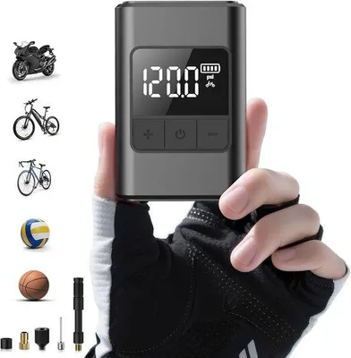 Obrázek produktu pro Elektrická pumpa na kolo, 120 PSI, akumulátor, manometr, automatický režim, LED osvětlení, pro horská, městská a trekingová kola.