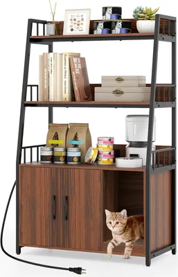Produktbild von GOPLUS Katzenschrank, versteckter Katzenwaschraum Schrank mit Regalen, Ladestation, gewundenem Einlass & Kratzbrett, Katzenmöbel für Innenbereich