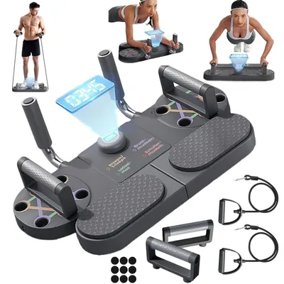 Produktbild von 3-in-1 Push-Up Board mit LED-Zähler,faltbares Liegestützbrett mit Liegestützgriffen&Widerstandsbändern,4-Farb-Zonen Trainer