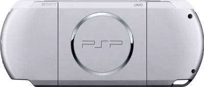 A top-down view of a silver Sony PlayStation Portable (PSP) handheld game console.
