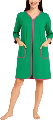 Produktbild von Aquarti Damen Bademantel Morgenmantel mit Reißverschluss Hausmantel Leicht 3/4 Ärmel, Farbe: Grün, Größe: 3XL