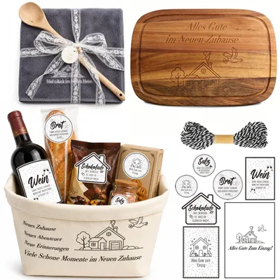 Einweihungsgeschenk-Set mit Brotkorb, Schneidebrett, Geschirrtuch & Löffel