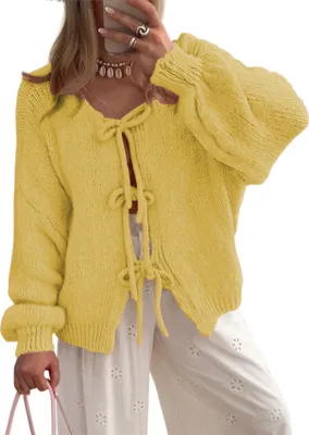 Produktbild von ASKSA Damen Strickjacke Schleife Vorne Strick Cardigan Strickpullover Puffaermel Herbst Winter Open Front Pullover Locker Outwear (Gelb,M)