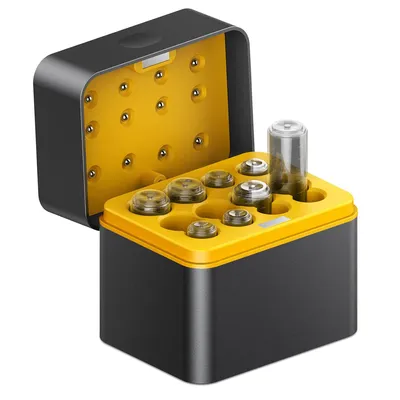 A battery charger with multiple charging bays and a lid open to reveal more charging contacts.