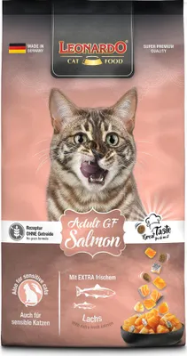 A bag of Leonardo Adult GF Salmon cat food is shown with a cat's face prominently displayed.