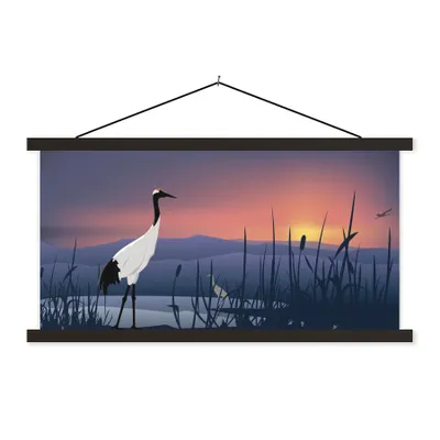 Produktbild von MuchoWow® Textilposter Illustration eines chinesischen Kranichs bei Sonnenuntergang 150x75 cm mit schwarzem Rahmen - Posterleiste