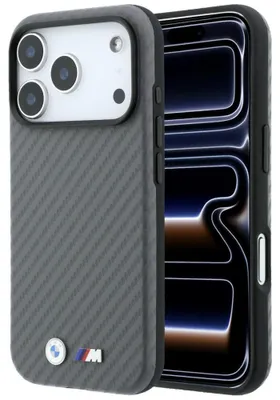 Image de Coque BMW effet carbone pour iPhone 18 Pro, couleur gris, avec logo MagSafe en métal