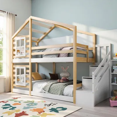 Produktbild von Hochbett Kinder 90x200 cm mit Schublade und Rausfallschutz aus Kiefernholz Baumhaus-Design EN 747