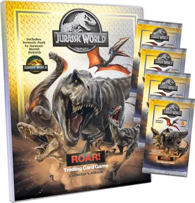 Produktbild von Jurassic World Karten - ROAR! Trading Cards Sammelkarten - 1 Mappe + 4 Booster