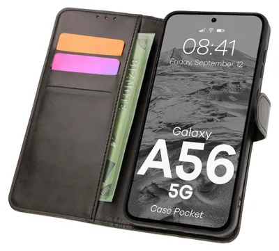 A black leather wallet-style phone case is open, showing a phone screen with a mountain landscape wallpaper and the time displayed. Inside the case, there are slots for cards and a bill.