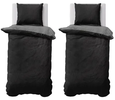 Produktbild von Winter Bettwäsche Teddy Plüsch 155x220 + 80x80 Bettbezug Cashmere Touch Nicki Uni / Wende Schwarz Grau, 4 teilig