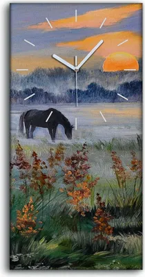 Produktbild von Küchenuhr Bürouhr Leinwand Uhr 30x60 Ölgemälde Wiese Tier Pferd Sonnenuntergang - weiße Hände