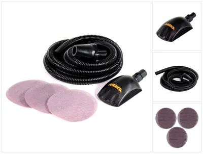 Produktbild von Mirka Roundy Kit Handblock mit Absaugung / Schleifklotz mit Klett inkl. 4m Absaugschlauch & 15 Stück Mirka Abranet Netzschleifscheiben Klett Ø 150mm Korn P120 P180 P240 / KIT00ROUND