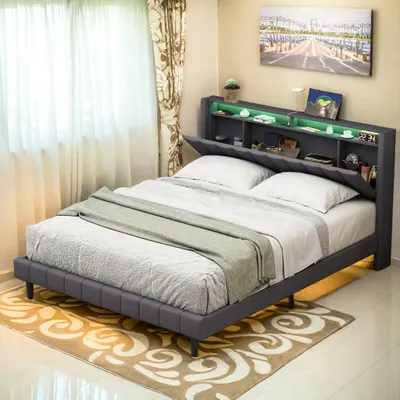 Image de ProximaX lit rembourré éclairage LED lit double avec espace de rangement 160x200cm lin，gris