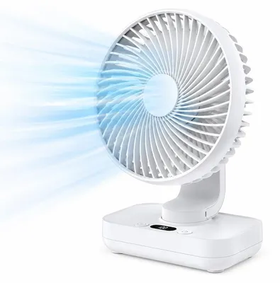 Produktbild von Tischventilator oszillierend, 4000mAh Akku Tischventilatoren, 4 Stufen, 90° Automatik & manuell neigbar, LED-Display, USB-C, 12V – flüsterleise