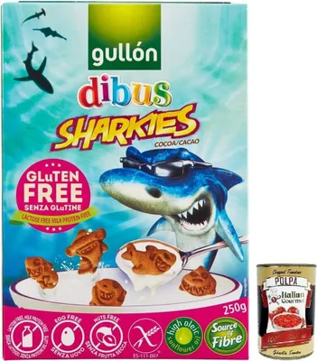 Produktbild von Gullón Gluten Free Sharkies Dibus,Glutenfreie Kinderkekse,Kakaokekse,Packung mit 250g + Italian Gourmet Polpa di Pomodoro 400g Dose