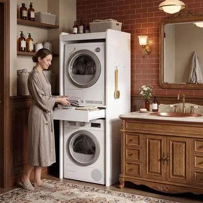 Produktbild von Waschmaschinenschrank Hochschrank für Waschmaschine Trockn. Doppelt Waschmaschinenschrank mit Schubladen und Wäschestange, Hochschrank Badschrank