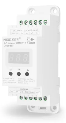 Produktbild von MiBoxer D5-T DMX512 Decoder – 5 Kanal, 5x6 A, 12-48 V, Hutschiene, RDM, einstellbare PWM