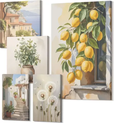 Produktbild von Leinwandbilder Mehrteilig 5-teilig – Modernes Design – Hochwertiger Polycanvas Kunstdruck – Wanddekoration & Wandkunst – Bilder für Zuhause – 2x 30x30 cm + 2x 20x30 cm + 1x 40x60 cm – Zitrusakzente und Pflanzenmotive im mediterranen Stil