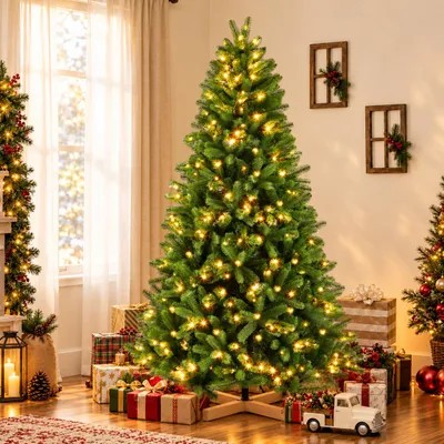Produktbild von Künstlicher Weihnachtsbaum 180cm - mit Holzständer, Nordmanntanne, Künstlicher Tannenbaum, Naturgetreu, dichte Zweige mit LED