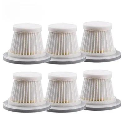 A set of six white vacuum cleaner filters arranged in two rows of three on a white background.